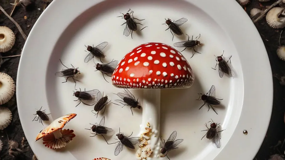 Perché la mosca agarica è chiamata rospo? Tre interessanti teorie 3 Un fungo velenoso tagliato a metà orizzontalmente giace su un piatto con del latte, circondato da numerose mosche che, a quanto pare, sarebbero state attirate da esso