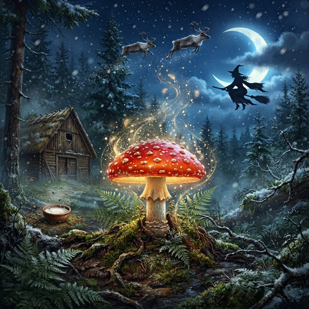 Warum heißt der Fliegenpilz Fliegenpilz? Märchenhafte Illustration mit Fliegenpilz, Fliegenfalle, Hexe auf Besen und fliegenden Rentieren im Winterwald.