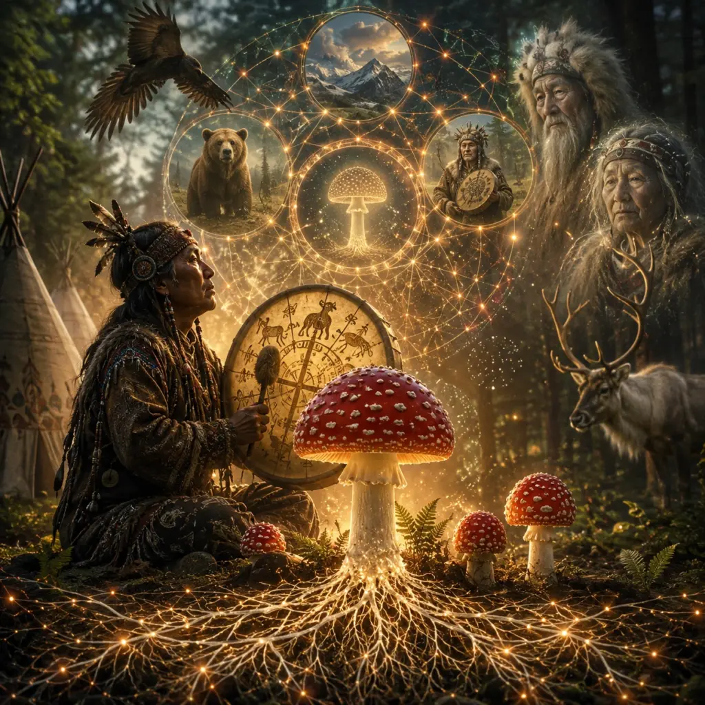 La conexión del hongo venenoso: cómo nos (re)encontramos 3 Ilustración mística de un chamán con un hongo venenoso y una red de micelio luminosa, como símbolo de la conexión con el hongo venenoso en las tradiciones chamánicas.