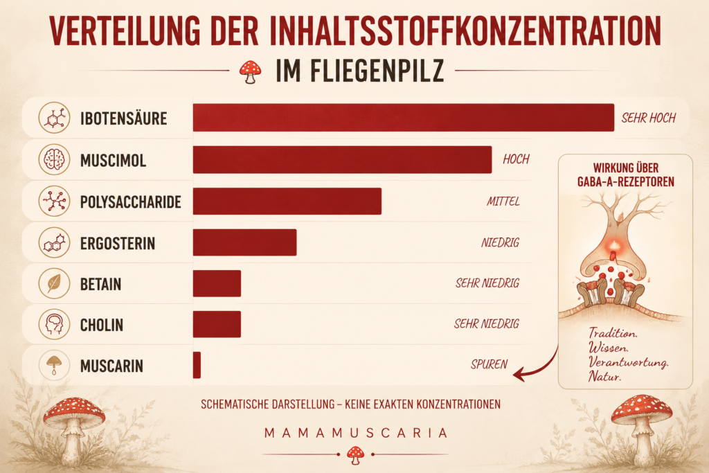 In einem Balkendiagramm veranschaulichte Konzentration der Fliegenpilz Inhaltsstoffe nach etwaiger Verteilung