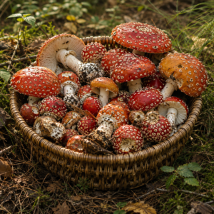 Cueillette d'amanites tue-mouches en été et en automne : voici un panier bien rempli d'amanites tue-mouches fraîchement cueillies