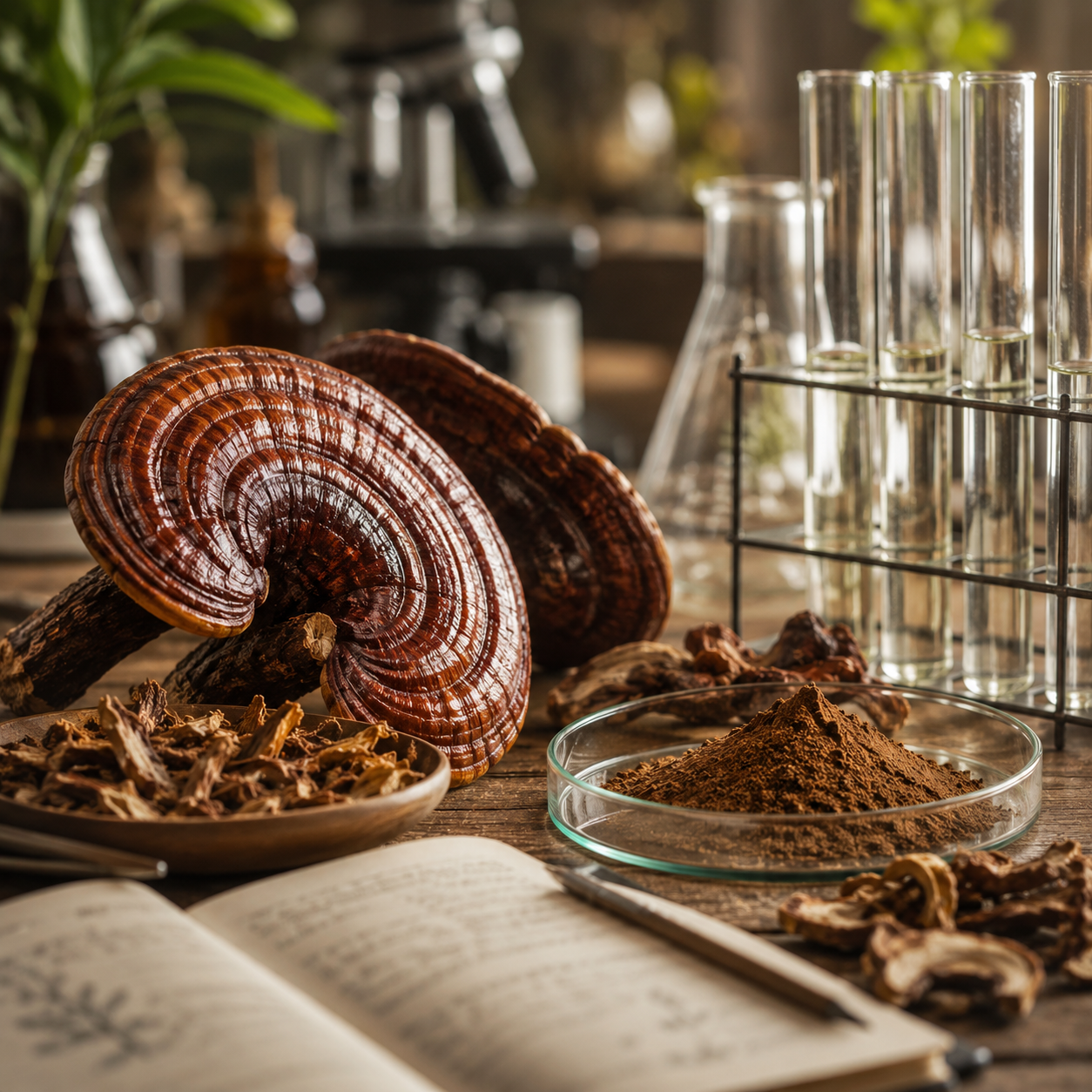 Setas reishi secas (Ganoderma lucidum) con polvo en una placa de Petri, tubos de ensayo y un cuaderno: símbolo del efecto del reishi entre la tradición y la investigación