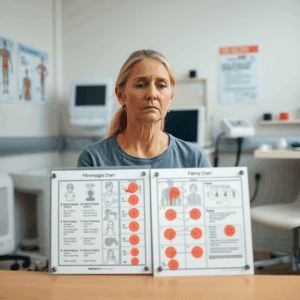 Un paziente affetto mostra una tabella con i sintomi della fibromialgia