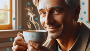 Mann trinkt eine Tasse - Getrockneter Löwenzahn Spike Proteine Entgiftung