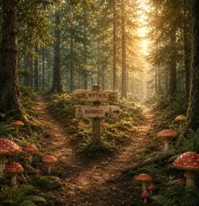 Illustration eines Wegweisers im Wald mit den Schildern „Mythos“ und „Wahrheit“ – Symbolbild für Mythen über den Fliegenpilz und ihre historische Einordnung.
