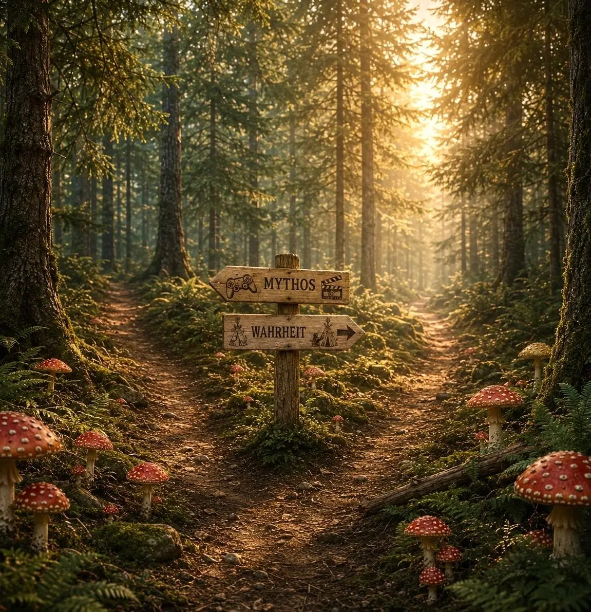 Illustrazione di un cartello segnaletico nel bosco con le scritte «Mito» e «Verità» – immagine simbolica dei miti sul fungo velenoso e della loro collocazione storica.
