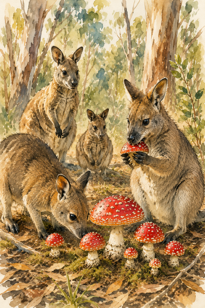 10 Mythen über den Fliegenpilz: Über gängige Irrtümer und was wirklich dahintersteckt 3 Aquarellillustration von vier Wallabys im australischen Eukalyptuswald um eine Gruppe roter Fliegenpilze: Ein Wallaby schnuppert am Boden, ein anderes hält einen Pilzhut in den Pfoten und knabbert daran