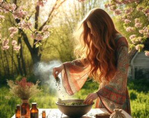 Aconit tue-mouches et spiritualité féminine - Une femme prépare du thé dans son jardin