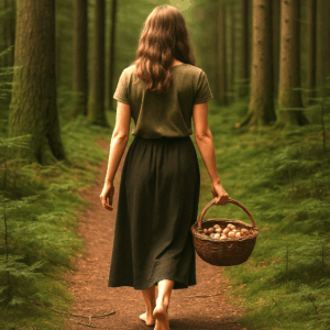 Vicino alla natura : Donna che cammina a piedi nudi nella foresta portando un cesto pieno di funghi raccolti da lei stessa