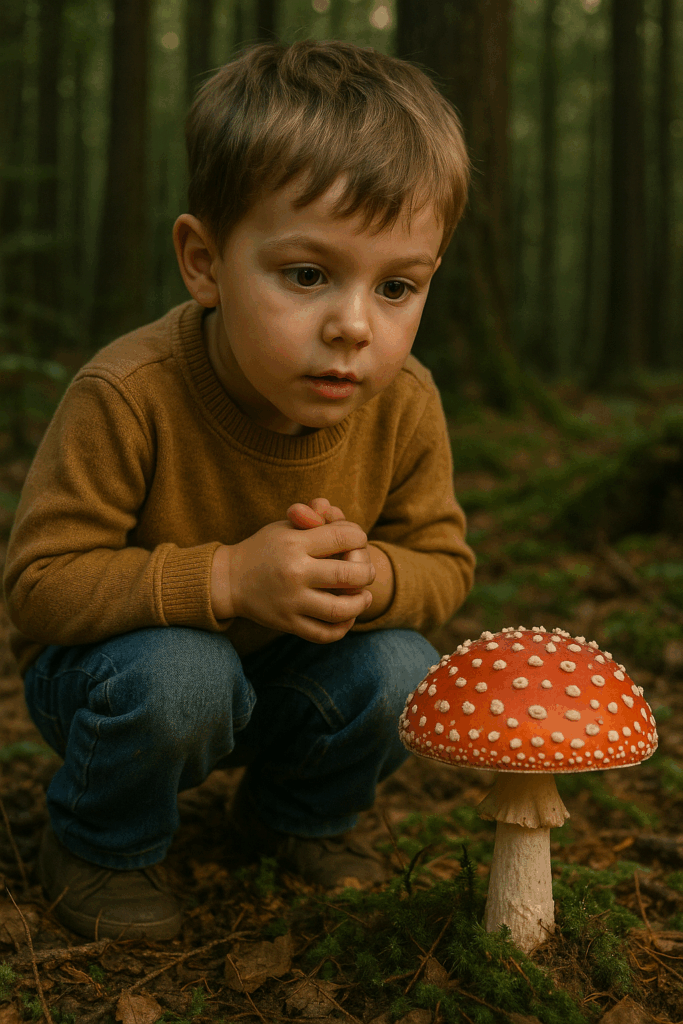 Restablecer la felicidad: Lo que los niños nos enseñan intuitivamente sobre los hongos 1 - un niño maravillado ante una seta en el bosque