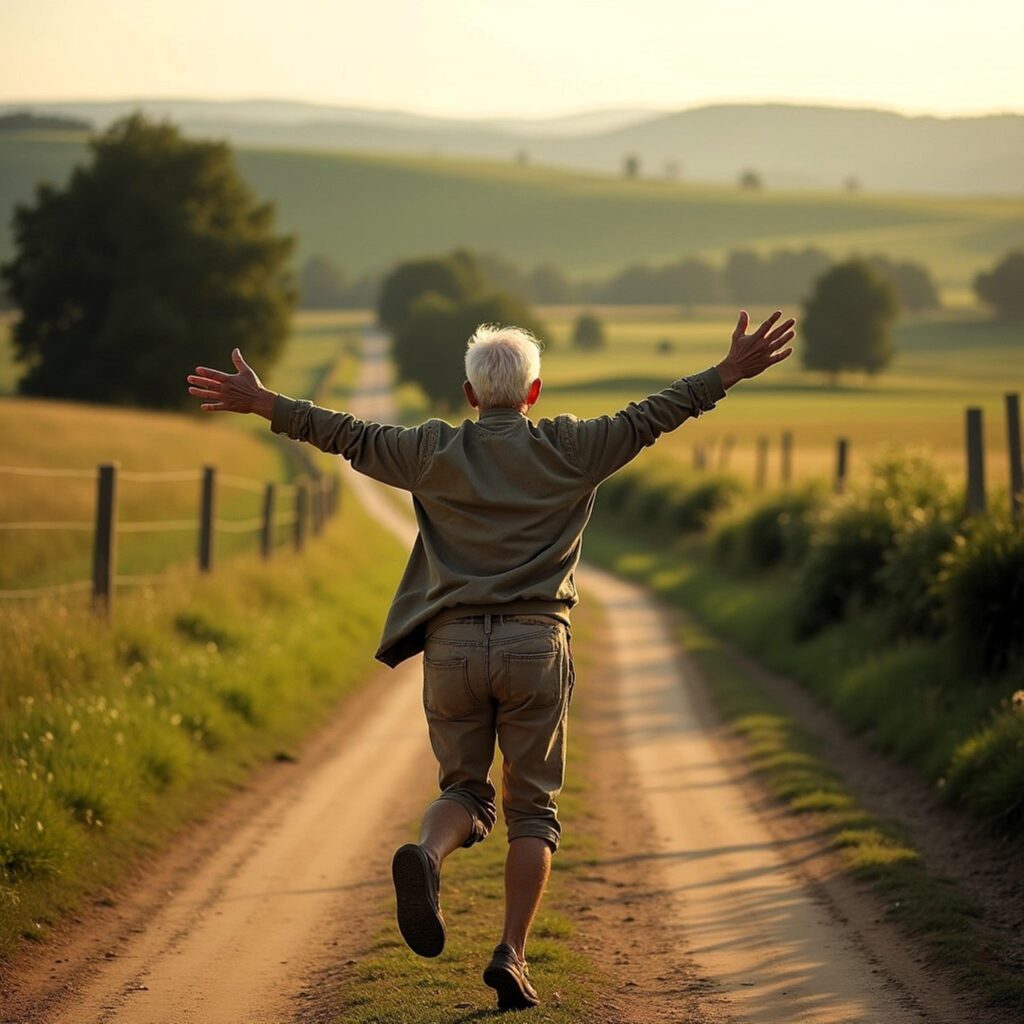 Restablecer la felicidad: Lo que los niños nos enseñan intuitivamente sobre los hongos 3 Felicidad: simplemente vivir el momento como un adulto. Anciano saltando alegremente por un camino rural.