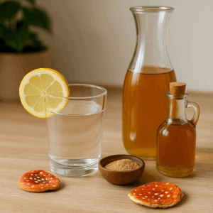 pH-Wert beim Microdosing - Apfelessig, Zitrone und Kombucha auf einem Tisch mit Wasserglas und getrocknetem Fliegenpilz