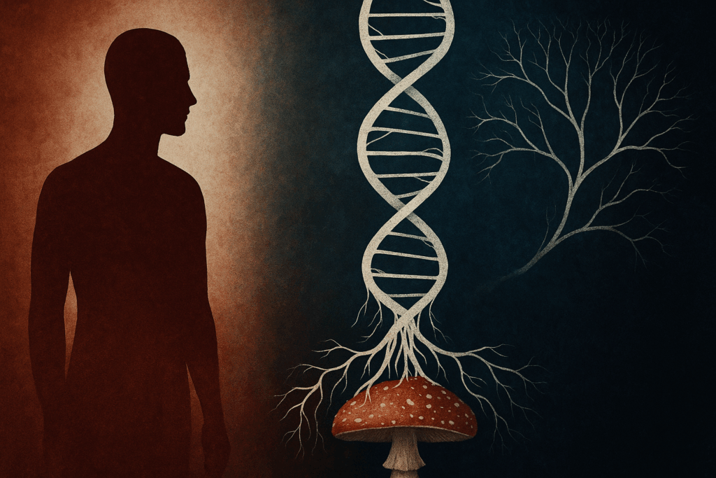 Une parenté étonnante : pourquoi les champignons et l'homme ont tant en commun sur le plan génétique 1 Les champignons et la génétique humaine - représentation symbolique de l'ADN