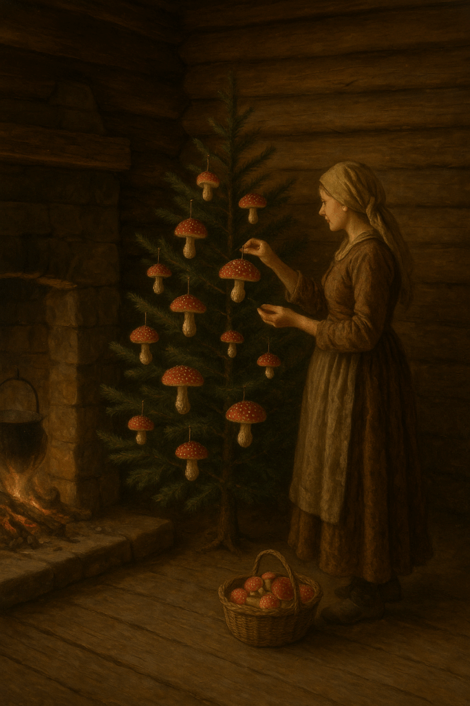 Fliegenpilz Weihnachten: Ursprung, Folklore & schamanische Wurzeln der Weihnachtsmagie 2 Fliegenpilz Weihnachten - Frau dekoriert im Mittelalter Tannenbaum mit Fliegenpilzen