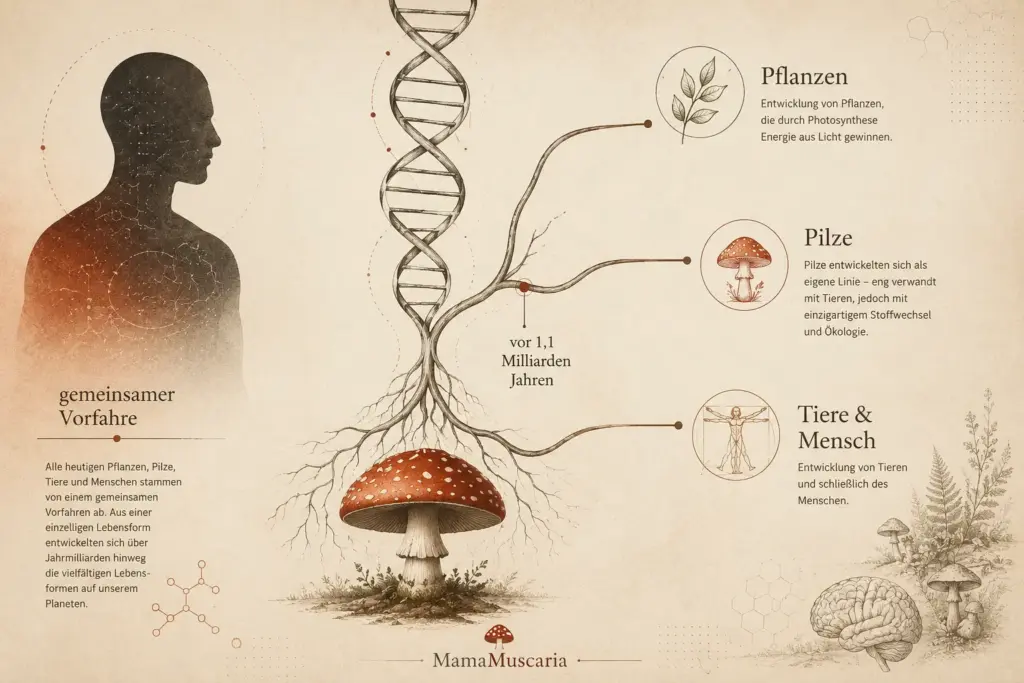 Una relación asombrosa: por qué los hongos y los humanos tienen tanto en común genéticamente 1 Ilustración conceptual sobre el parentesco genético entre los hongos y los seres humanos: la silueta de una persona, sobre un fondo cálido, observa una doble hélice de ADN que brota de un hongo venenoso y se funde con un árbol desnudo y ramificado.