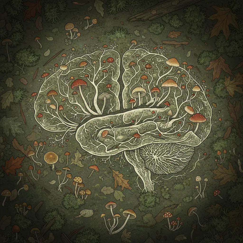 Una relación asombrosa: por qué los hongos y los humanos tienen tanto en común genéticamente 2 Ilustración de un cerebro cuyas circunvoluciones están formadas por una red blanca y ramificada de hongos (micelio) con numerosos hongos pequeños, incrustada en un suelo forestal de color verde musgo con hojas otoñales