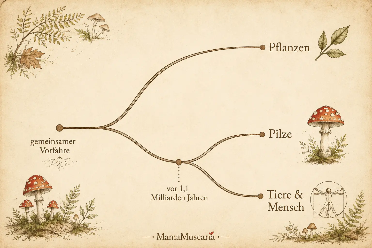 Una relación asombrosa: por qué los hongos y los humanos tienen tanto en común genéticamente 3 Árbol genealógico ilustrado con un estilo en tonos sepia: un antepasado común se ramifica primero hacia las plantas y, hace 1.100 millones de años, hacia los hongos, los animales y los seres humanos, complementado con dibujos decorativos de una rama con hojas, un hongo venenoso y el Hombre de Vitruvio.