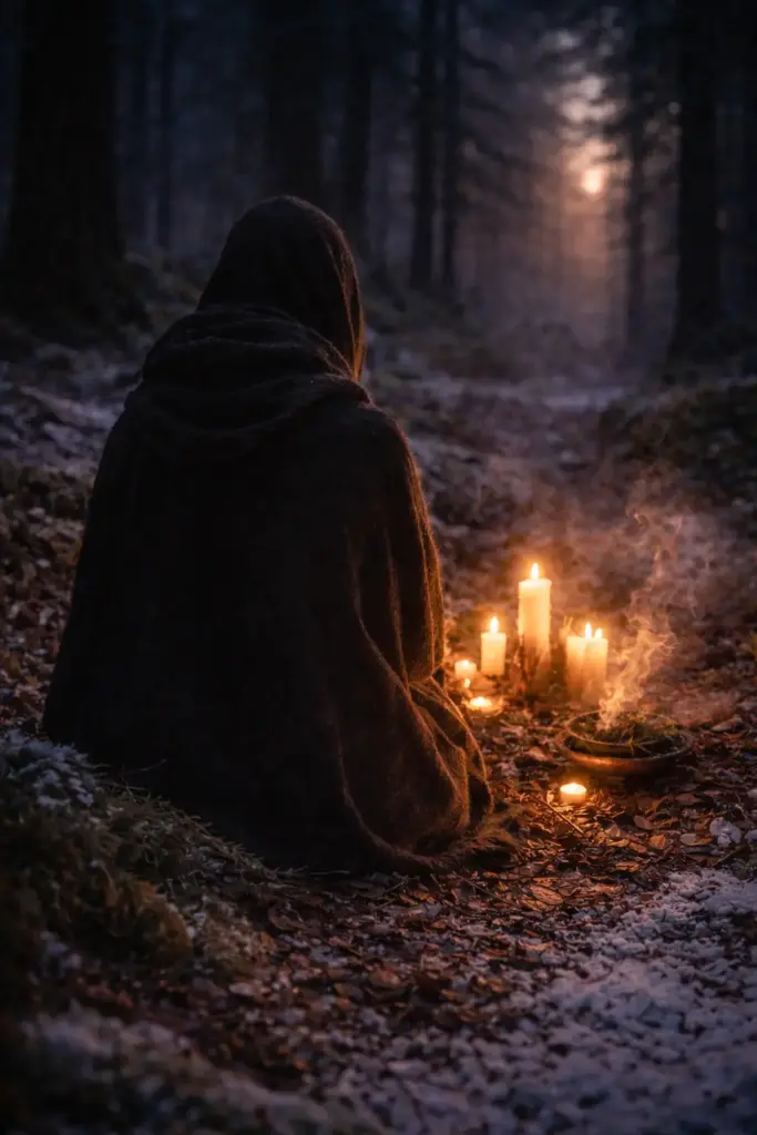 I misteri perduti e il risveglio della nuova era: il ritorno della spiritualità dei rospi 3 Un uomo con un cappotto con cappuccio è seduto da solo in una foresta invernale, alla luce delle candele e con un bruciatore di incenso – immagine simbolica delle Rauhnächte e del raccoglimento interiore