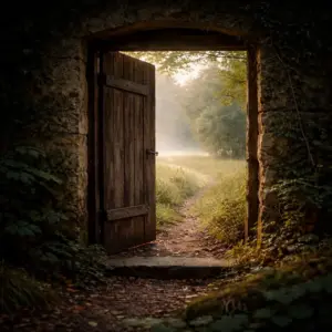 Offene Holztür in einer alten Mauer, die den Blick auf einen Waldweg im Morgenlicht freigibt – Symbolbild für die Schwelle zwischen Innen und Außen