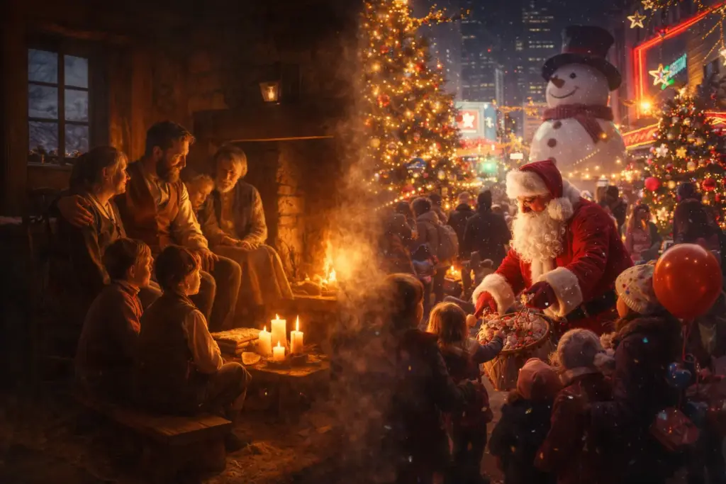 I misteri perduti e il risveglio della nuova era: il ritorno della spiritualità dei rospi 1 Confronto tra immagini: una famiglia riunita in tranquilla intimità davanti al caminetto scoppiettante (a sinistra) e una vivace festa di Natale per le strade, piena di luci e con Babbo Natale (a destra)