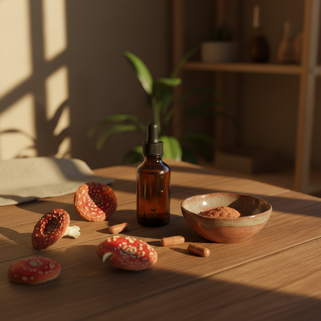Agarico de mosca y alcohol - selección de Amanita-Forman típica en una mesa de cocina a la luz del sol