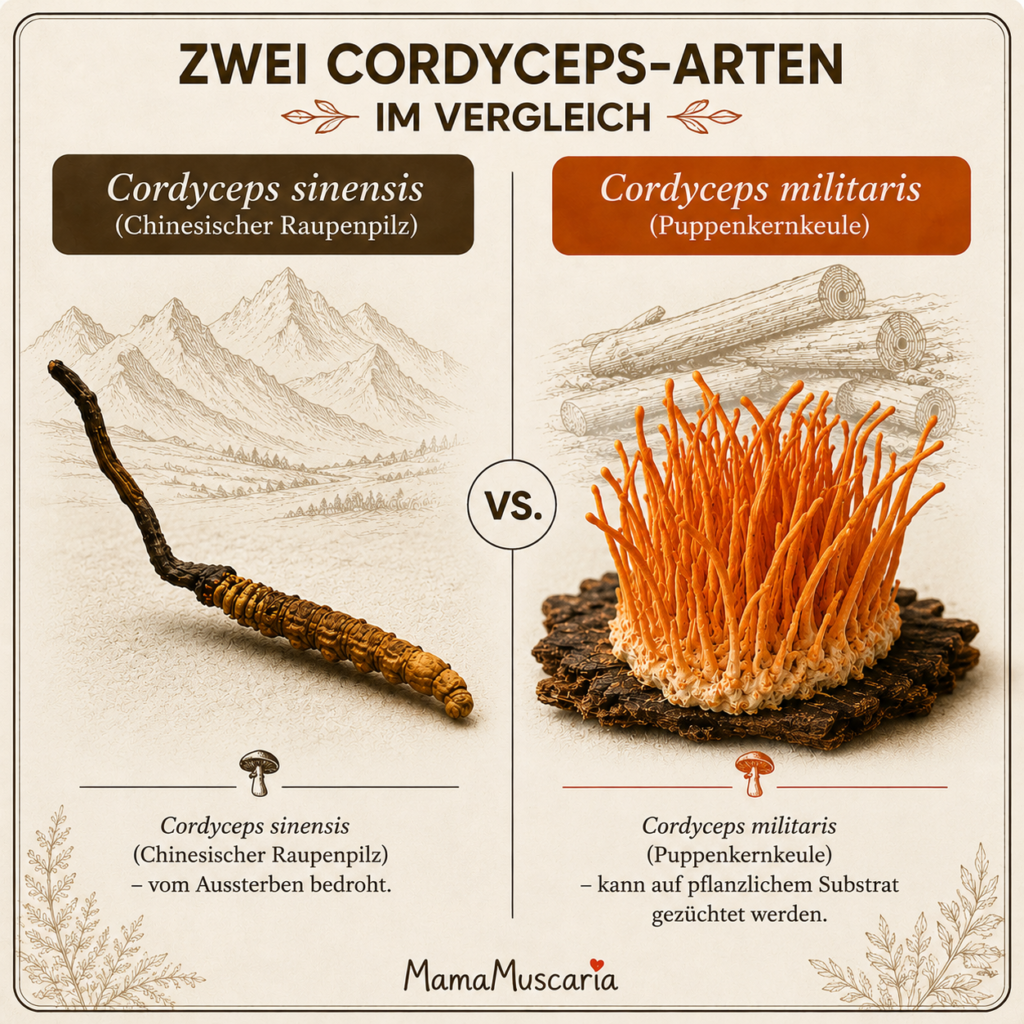 Infographie comparative : Cordyceps sinensis (champignon des chenilles chinois, menacé d'extinction) et Cordyceps militaris (champignon des chrysalides, cultivable sur substrat)