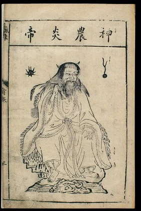 Gravure sur bois chinoise ancienne représentant le légendaire empereur fondateur Shennong, assis sur un rocher, la barbe longue, vêtu de feuilles.