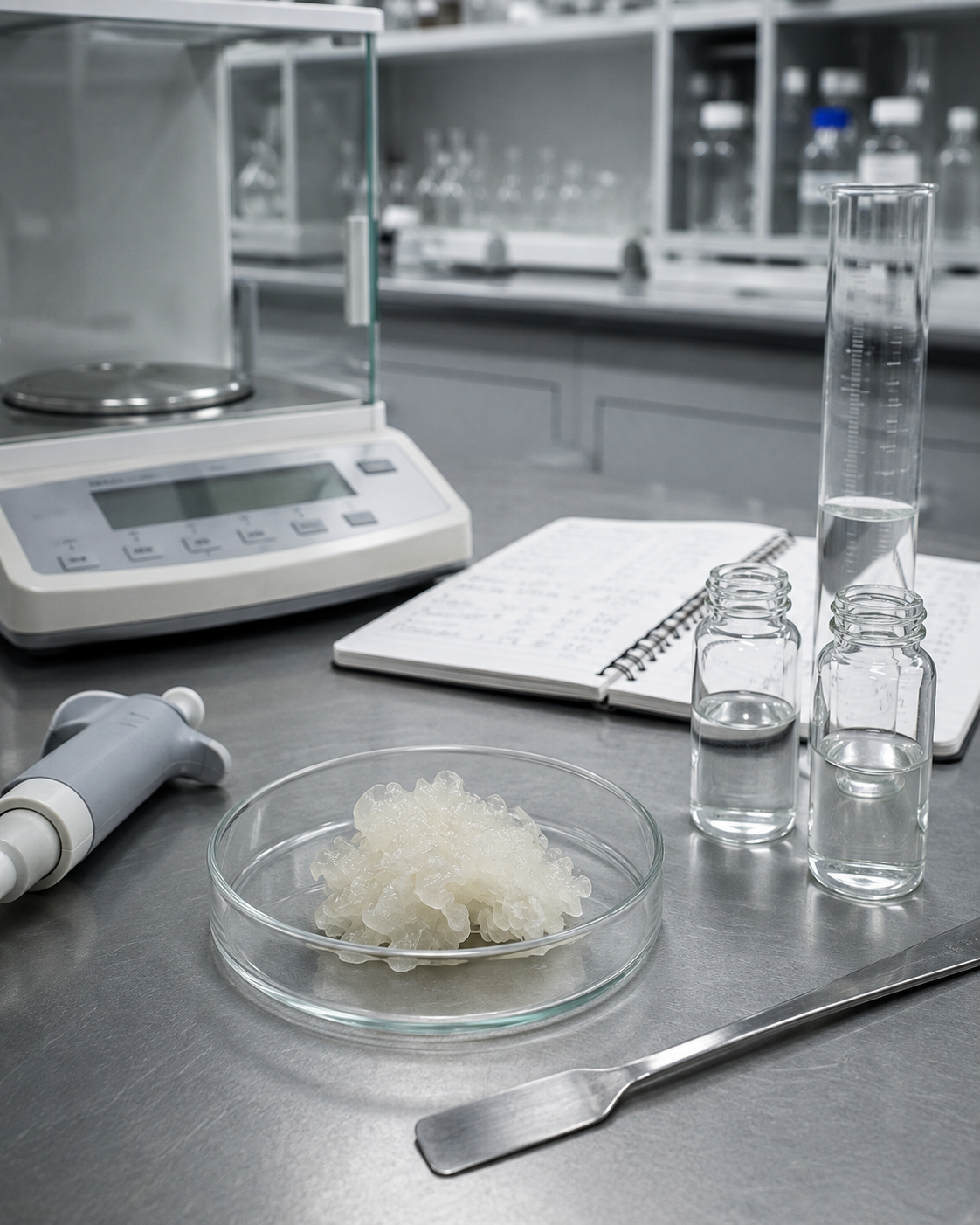 Un trozo de hongo Tremella en una placa de Petri sobre una mesa de laboratorio, rodeado de una balanza, sustancias químicas, un cuaderno y otros instrumentos de análisis