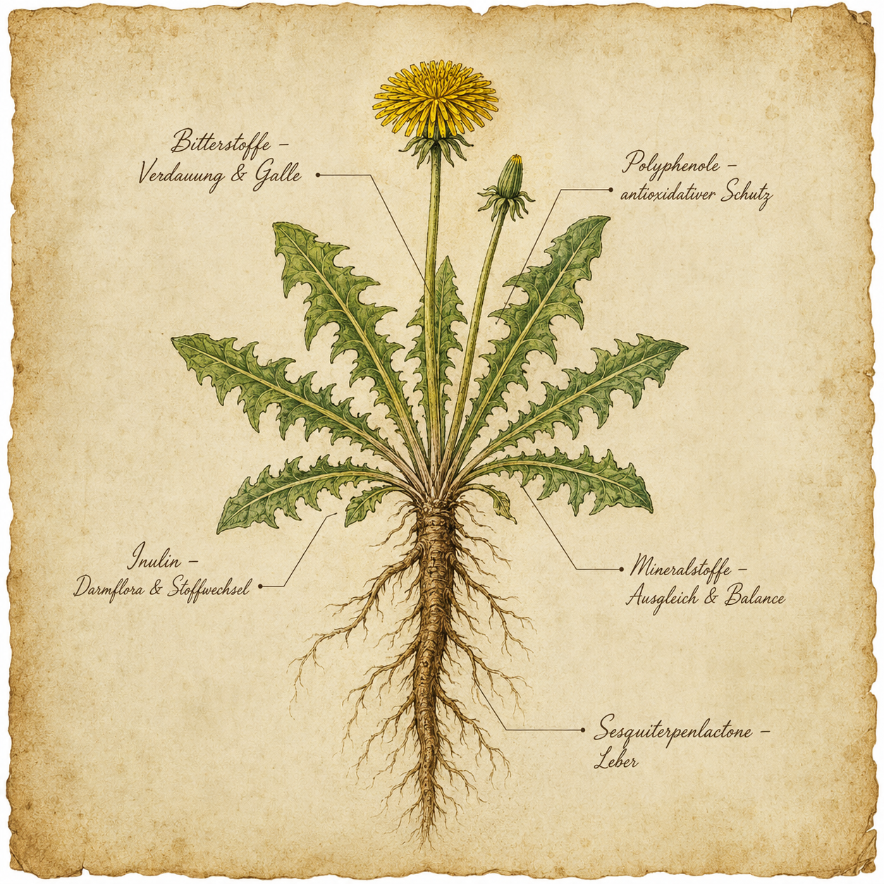 Effetti della radice di dente di leone: illustrazione botanica della pianta del dente di leone con la radice e l'indicazione dei principi attivi quali sostanze amare, inulina e lattoni sesquiterpenici