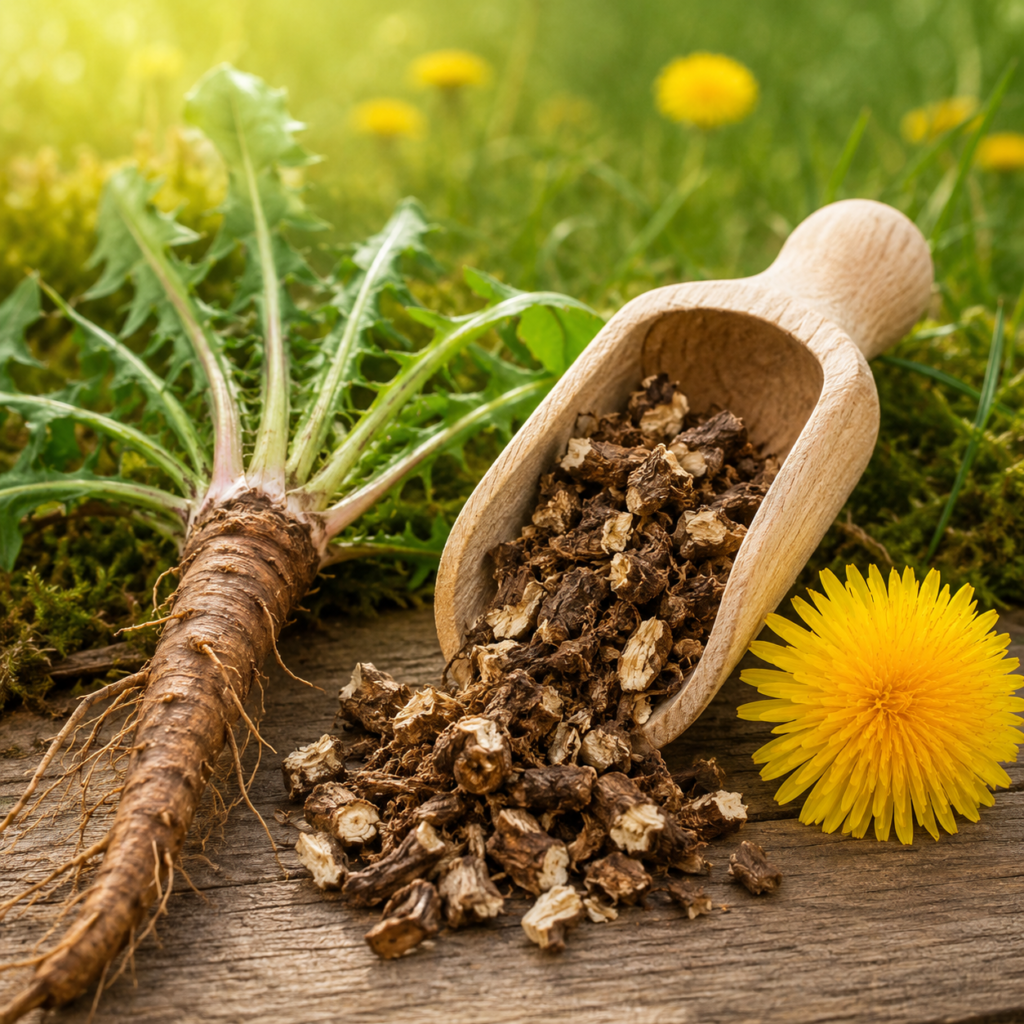 Radice fresca di tarassaco, pezzi di radice essiccata in una paletta di legno e un fiore giallo di tarassaco su un pezzo di legno: materia prima per tè ed estratti