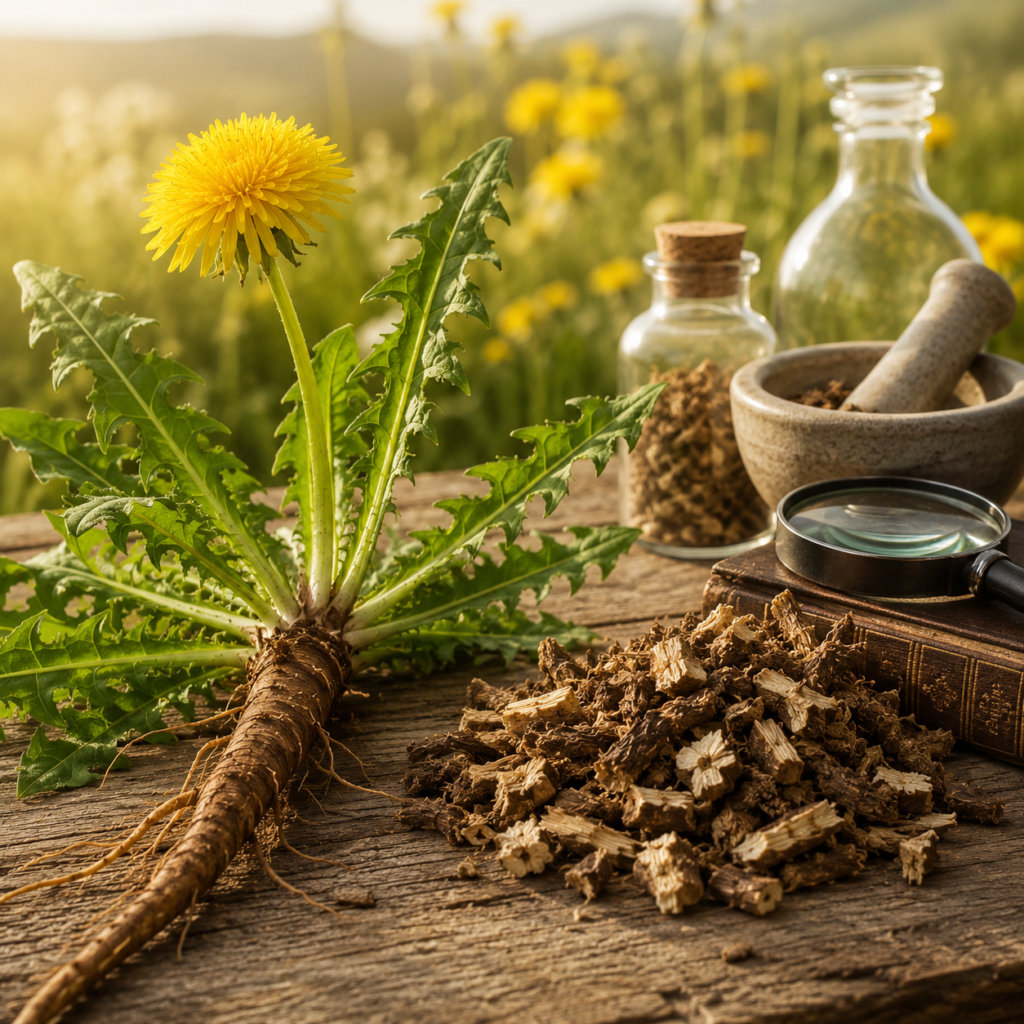 Frische Löwenzahnwurzel mit Blüte, getrocknete Wurzelstücke, Mörser, Lupe und altes Buch auf Holz – Symbol für die Löwenzahnwurzel Wirkung zwischen Tradition und Forschung