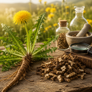 Radice fresca di tarassaco con fiore, pezzi di radice essiccata, mortaio, lente d’ingrandimento e vecchio libro su una base di legno – simbolo dell’effetto della radice di tarassaco tra tradizione e ricerca