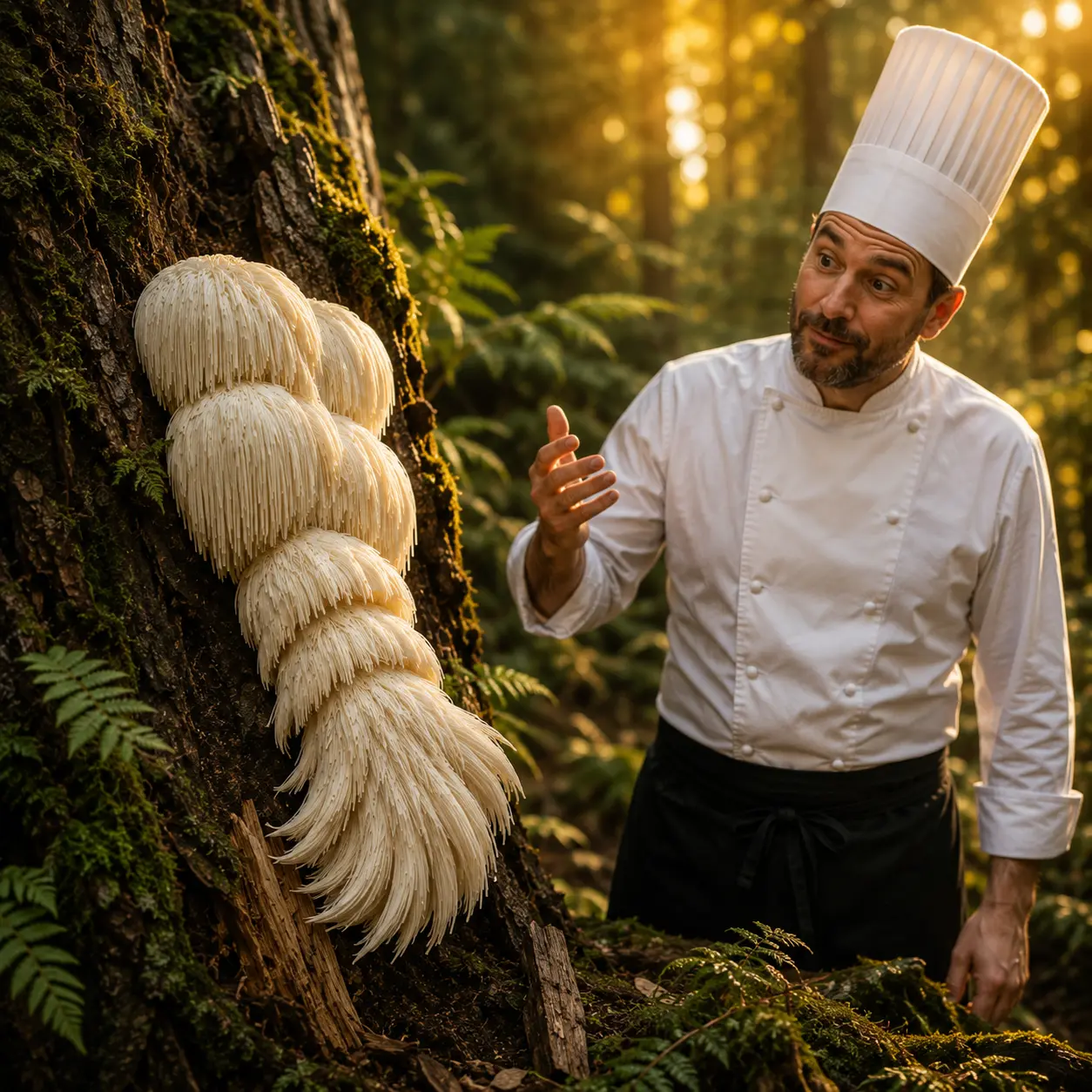 Symbolique de la saveur &laquo; Crini&egrave;re de lion &raquo; : un cuisinier se tient dans la for&ecirc;t et observe d'un air pensif un champignon Hericium poussant sur un arbre, dont la forme rappelle celle d'un homard.
