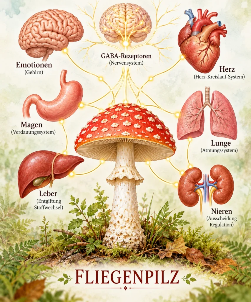 Fliegenpilz Interview – Infografik mit Amanita muscaria, GABA-Rezeptoren und verschiedenen Organen zur Veranschaulichung der diskutierten Wirkmechanismen.
