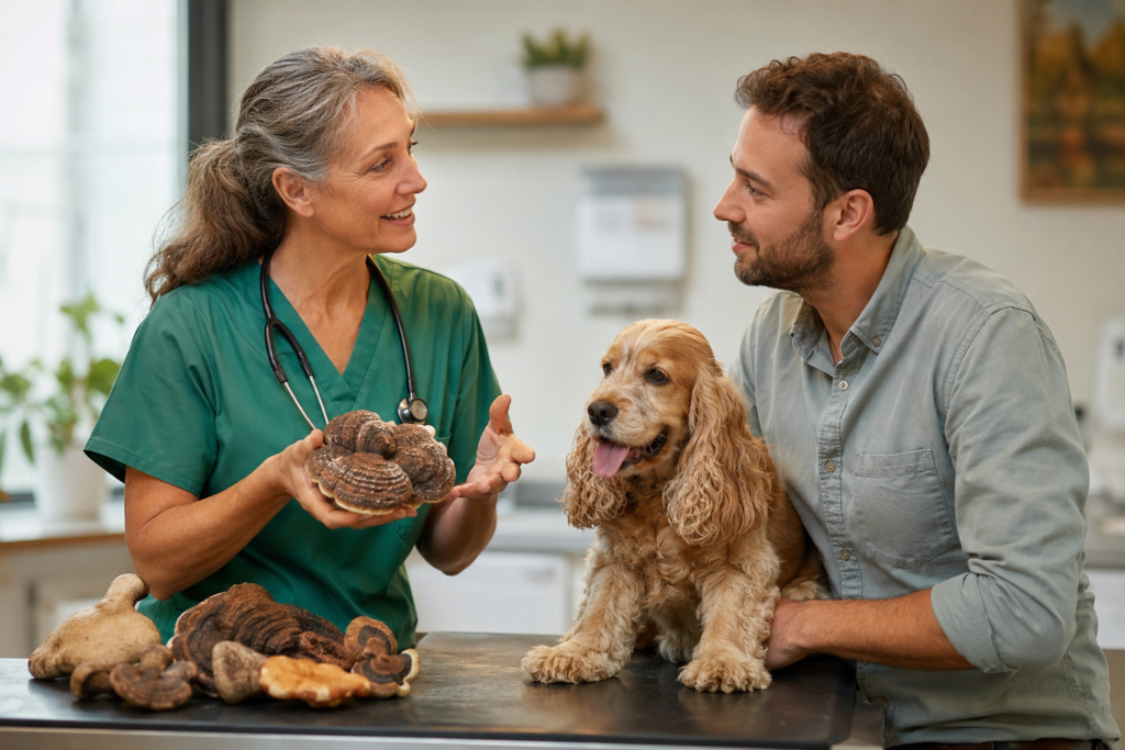 Una veterinaria fornisce consigli a un proprietario di un cocker spaniel sui funghi medicinali per cani e gatti.
