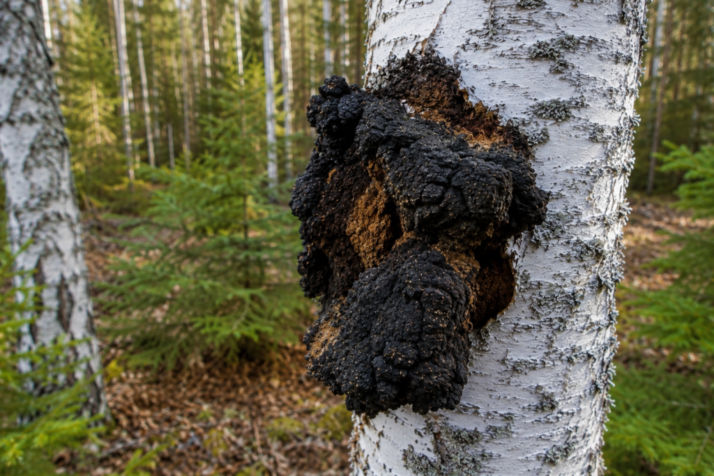 Vitalpilze in Deutschland finden: Diese 5 Arten wachsen jetzt im Juli 5 Ein Chaga Pilz am Birkenstamm-Schiefer Schillerporlig in Nahaufnahme