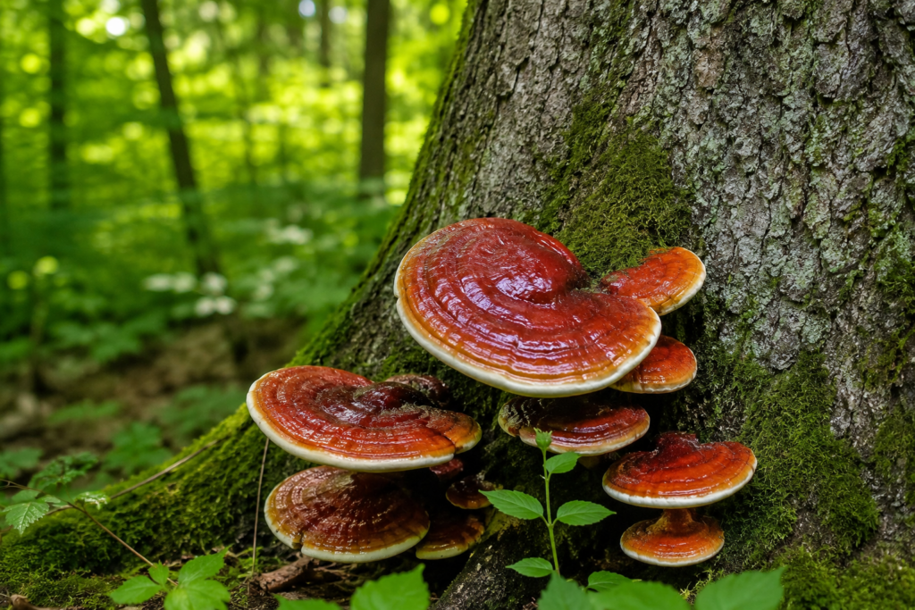 Vitalpilze in Deutschland finden: Diese 5 Arten wachsen jetzt im Juli 1 Reishi Pilz finden: Nahaufnahme Glänzender Lackporlig am Baumstamm