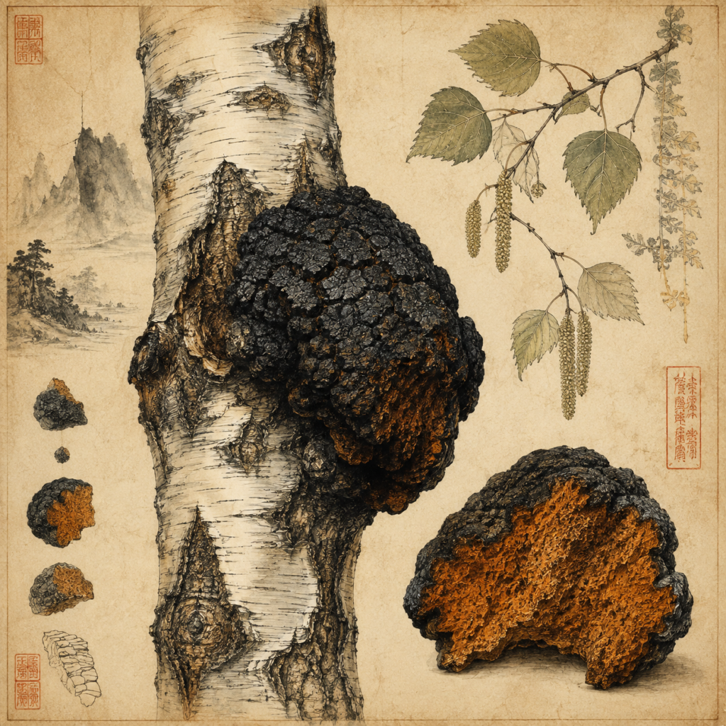 Chaga Vitalpilz: Der geheimnisvolle Birkenpilz im Porträt 3 Historische botanische Illustration im Stil alter ostasiatischer Kräuterbücher – Chaga Vitalpilz an einer Birke mit schwarzem Äußeren und rostbraunem Inneren, dazu Birkenzweig und Bergtusche