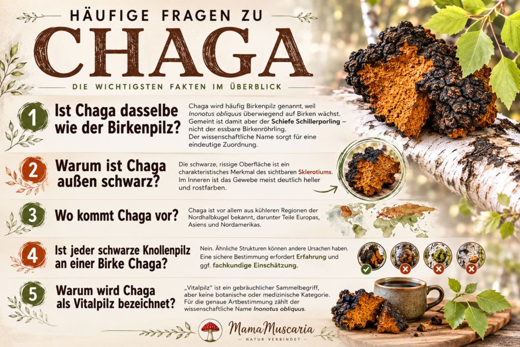 Chaga Vitalpilz: Der geheimnisvolle Birkenpilz im Porträt 4 Infografik mit 5 häufig gestellten Fragen zum Chaga Vitalpilz