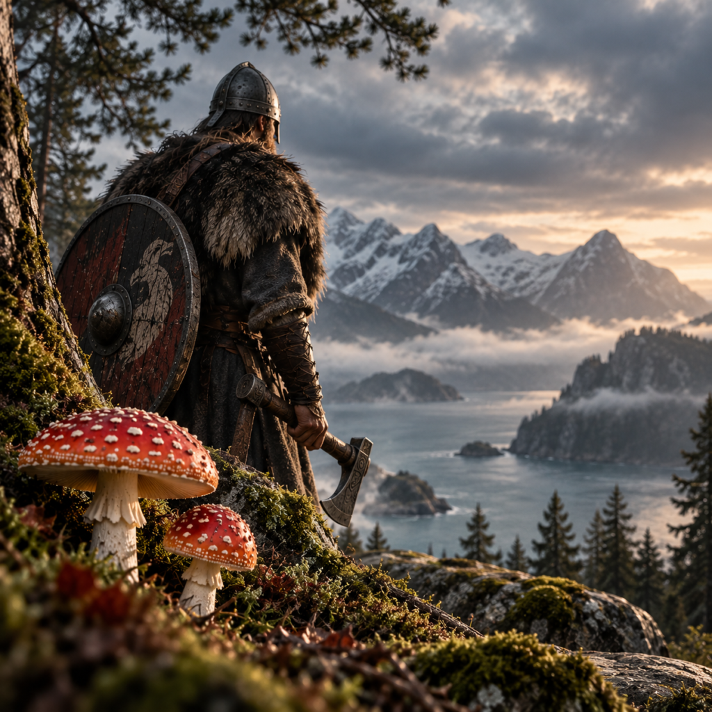 Wikinger in nordischer Landschaft mit Fliegenpilzen – der Berserker-Mythos um Fliegenpilz und Wikinger