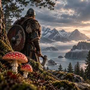 Wikinger in nordischer Landschaft mit Fliegenpilzen &ndash; der Berserker-Mythos um Fliegenpilz und Wikinger