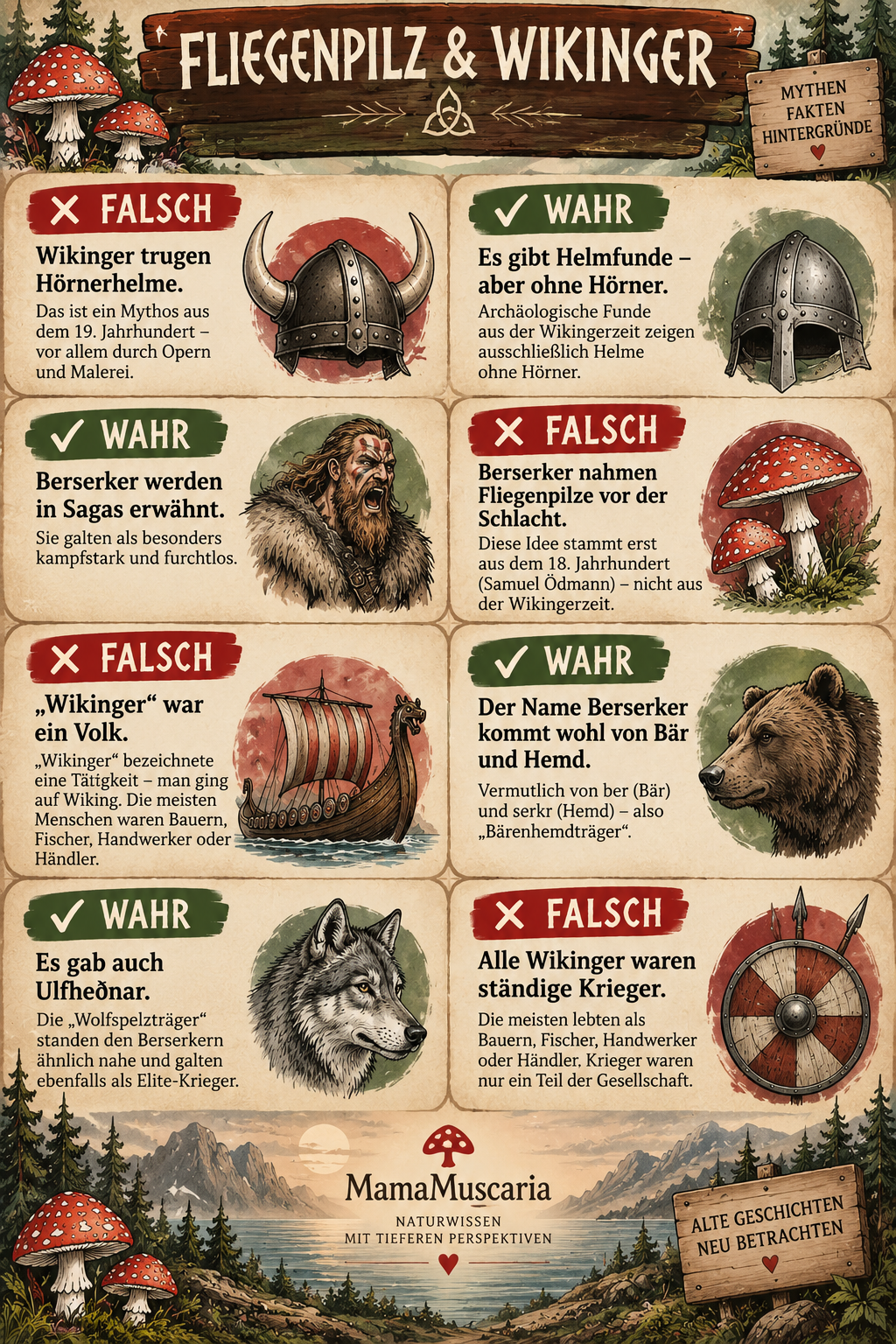 Fliegenpilz und Wikinger: Der Berserker-Mythos im Faktencheck 4 Infografik zu Fliegenpilz und Wikinger: Mythen und Fakten über Berserker, Hörnerhelme, Ulfheðnar und Amanita muscaria