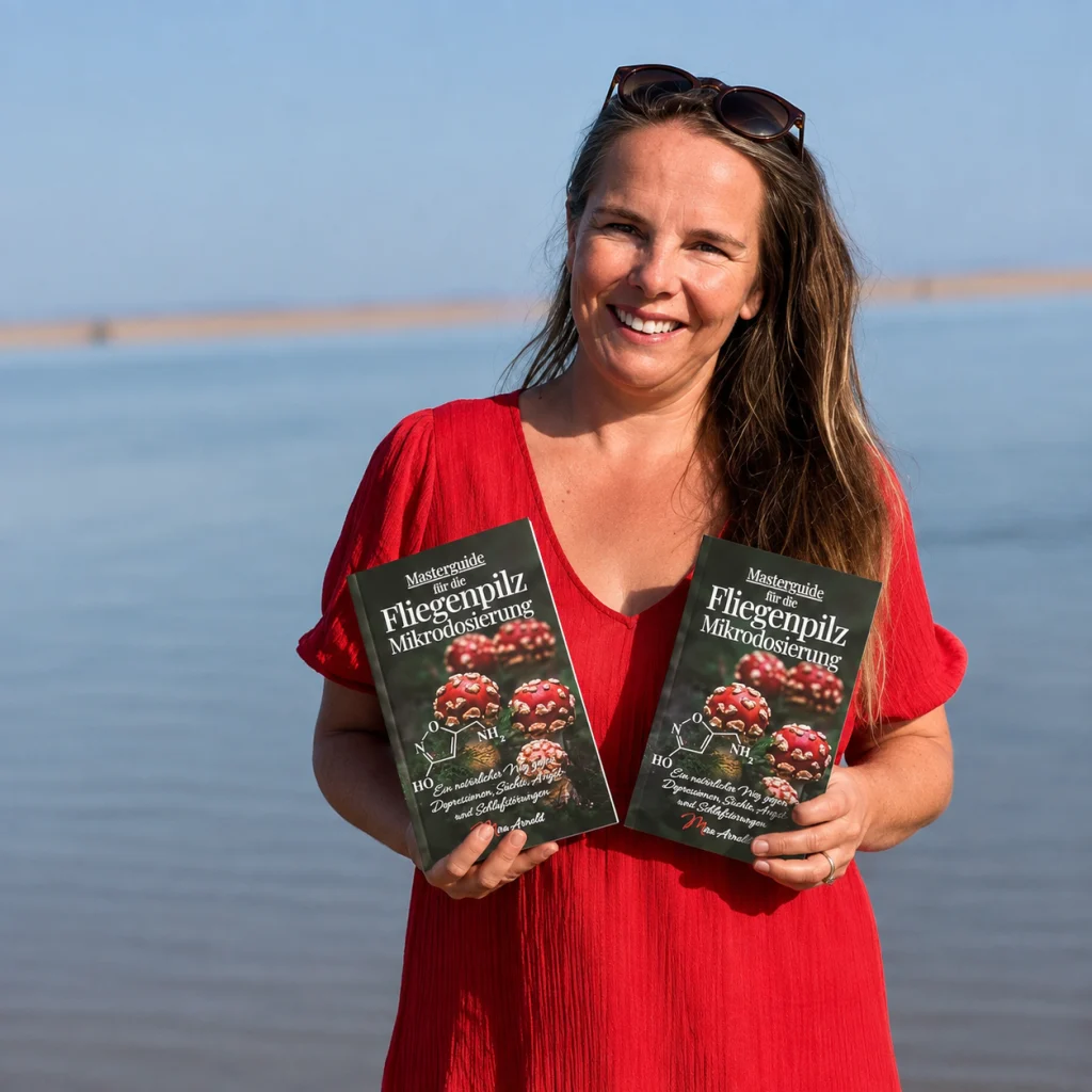 Mira Arnold am Strand mit zwei Exemplaren ihres Fliegenpilz Masterguide Buchs in den Händen